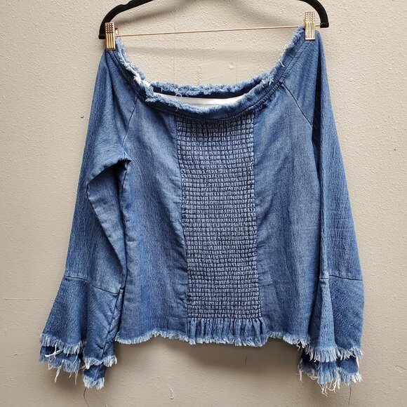 Venus Off Shoulder Denim Shirt Womens Large Frayed Bell Sleeve Boho Pullover - Picture 5 of 10